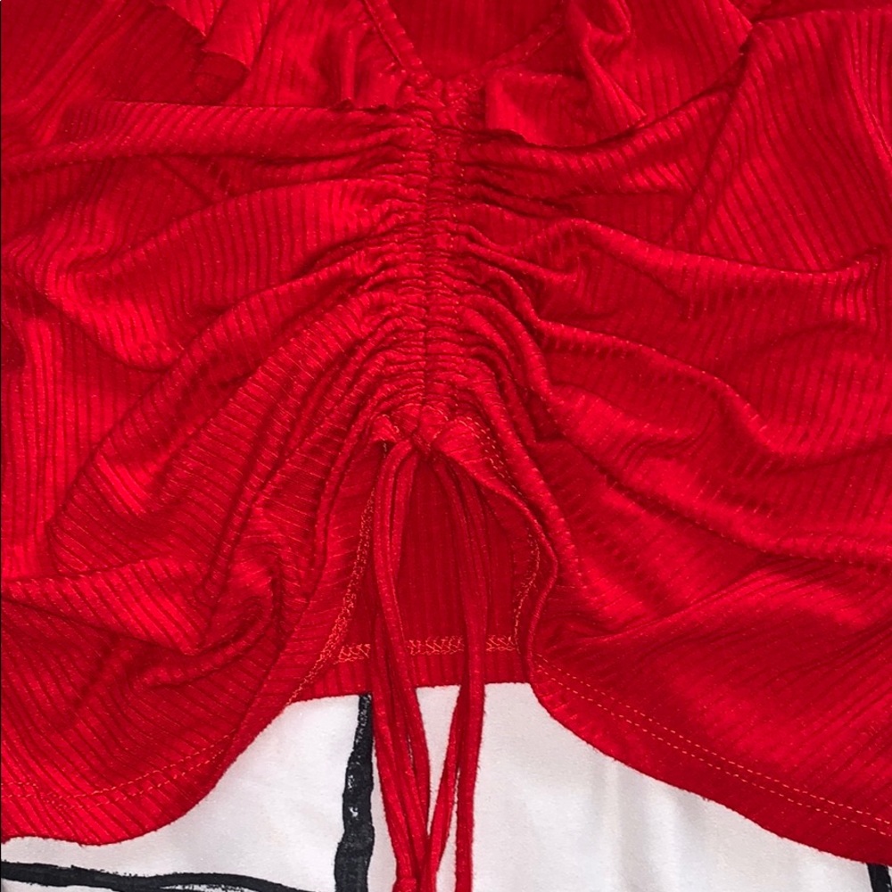 Red Rouche Crop Top Ribbed Ruffle Shoulders - Picture 4 of 5